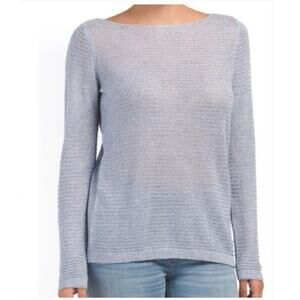 Tahari Blue Linen Boatneck Ribbed LS Sheer Sweater Size L